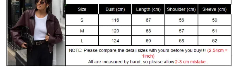 Burgundy Lapel Leather Jackets Women's Retro Zipper Full Sleeve Loose Cropped Coats Female 2025 High Street Outerwears Autumn