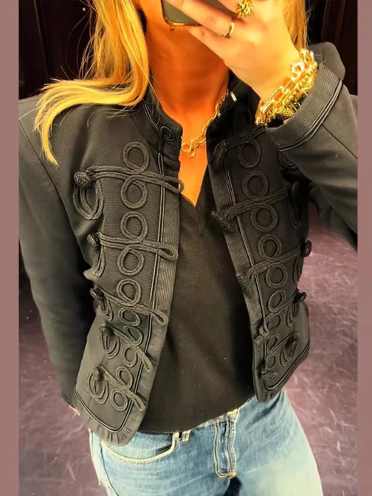 Women Knit Patchwork Napoleon Military Jacket Shoulder Pad Single Breasted Short Blazer Long Sleeve Loose 2026 Fall New Coat