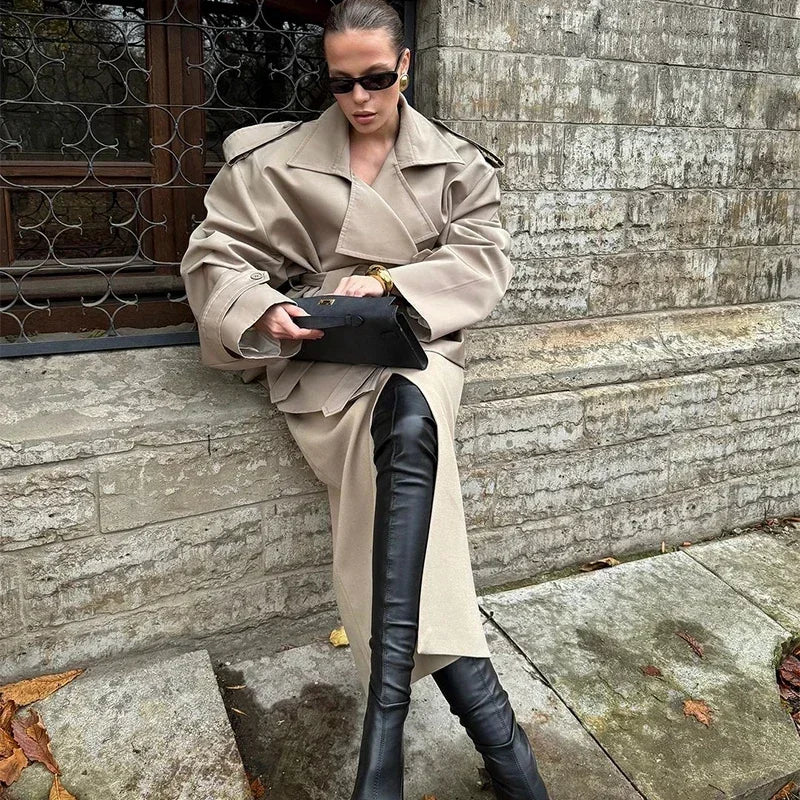 Khaki Belt Lace Up Short Trench Coat Women Elegant Full Sleeve V Neck Loose Fashion Jacket Autumn Daily High Street Outerwear