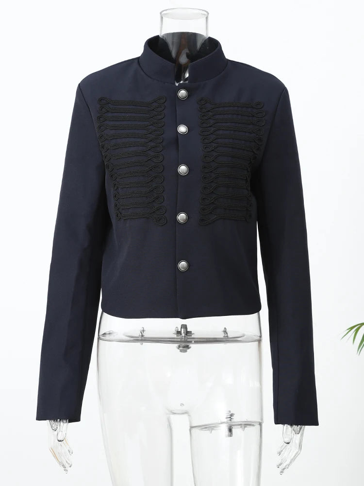 Women Knit Patchwork Napoleon Military Jacket Shoulder Pad Single Breasted Short Blazer Long Sleeve Loose 2026 Fall New Coat