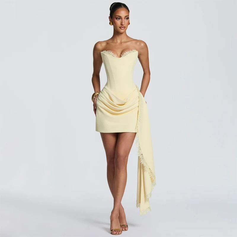 Women Lace Trim Patchwork Strapless Ribbon Bodycon Dress Sexy Ruched Pleated Backless Lace Up Short Dresses Evening Party Gowns