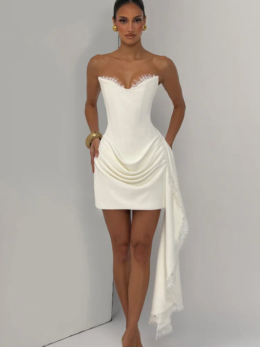 Women Lace Trim Patchwork Strapless Ribbon Bodycon Dress Sexy Ruched Pleated Backless Lace Up Short Dresses Evening Party Gowns