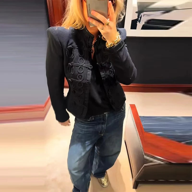 Women Knit Patchwork Napoleon Military Jacket Shoulder Pad Single Breasted Short Blazer Long Sleeve Loose 2026 Fall New Coat