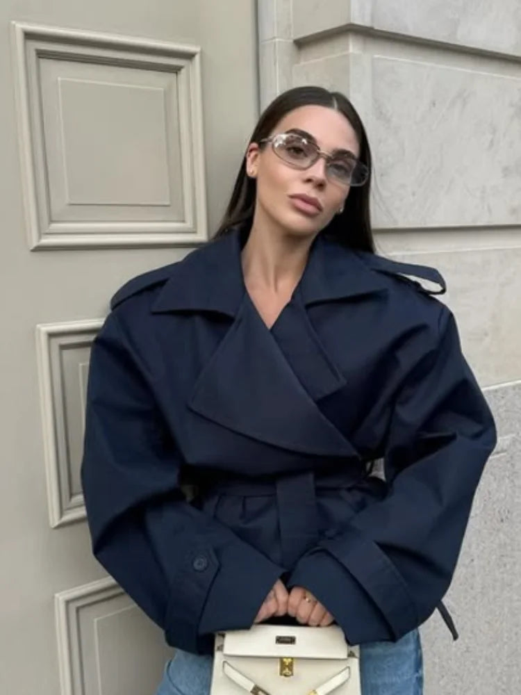 Khaki Belt Lace Up Short Trench Coat Women Elegant Full Sleeve V Neck Loose Fashion Jacket Autumn Daily High Street Outerwear