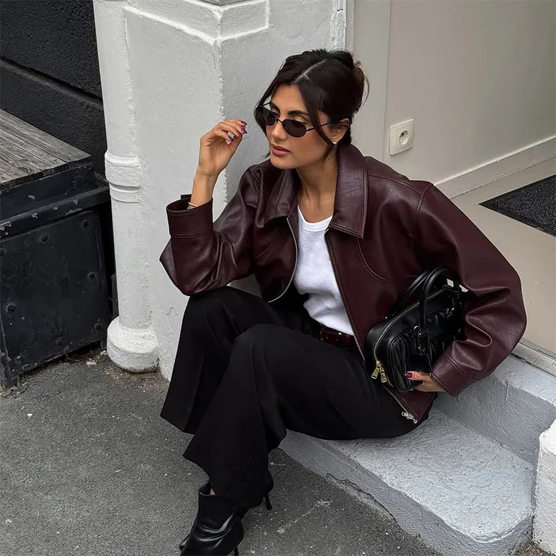 Burgundy Lapel Leather Jackets Women's Retro Zipper Full Sleeve Loose Cropped Coats Female 2025 High Street Outerwears Autumn