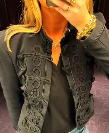 Women Knit Patchwork Napoleon Military Jacket Shoulder Pad Single Breasted Short Blazer Long Sleeve Loose 2026 Fall New Coat
