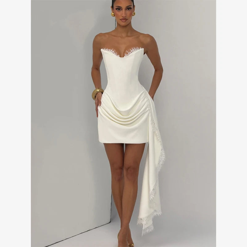 Women Lace Trim Patchwork Strapless Ribbon Bodycon Dress Sexy Ruched Pleated Backless Lace Up Short Dresses Evening Party Gowns