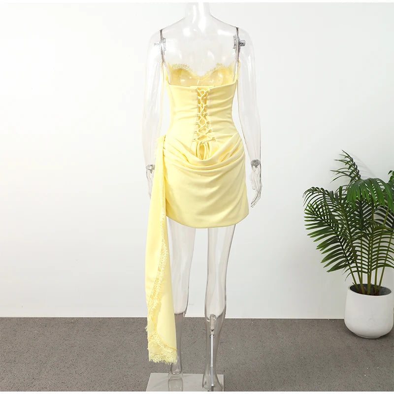 Women Lace Trim Patchwork Strapless Ribbon Bodycon Dress Sexy Ruched Pleated Backless Lace Up Short Dresses Evening Party Gowns