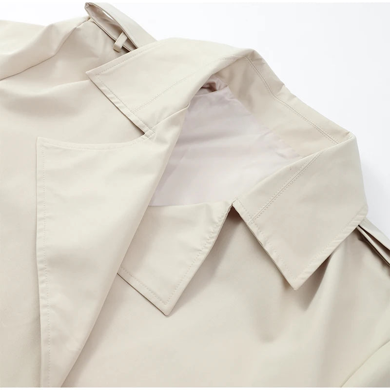 Khaki Belt Lace Up Short Trench Coat Women Elegant Full Sleeve V Neck Loose Fashion Jacket Autumn Daily High Street Outerwear