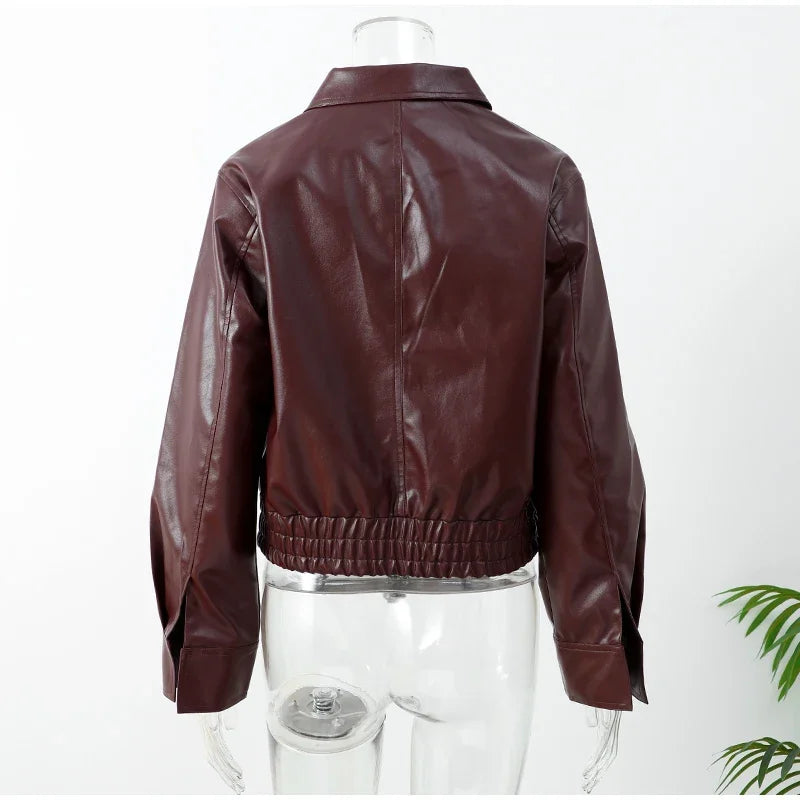 Burgundy Lapel Leather Jackets Women's Retro Zipper Full Sleeve Loose Cropped Coats Female 2025 High Street Outerwears Autumn