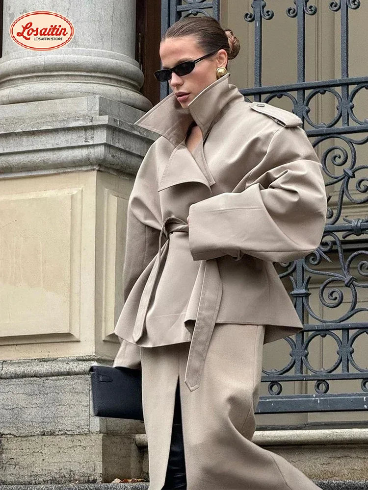 Khaki Belt Lace Up Short Trench Coat Women Elegant Full Sleeve V Neck Loose Fashion Jacket Autumn Daily High Street Outerwear