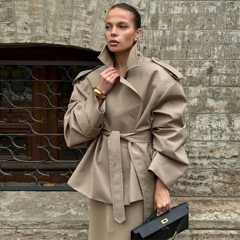 Khaki Belt Lace Up Short Trench Coat Women Elegant Full Sleeve V Neck Loose Fashion Jacket Autumn Daily High Street Outerwear