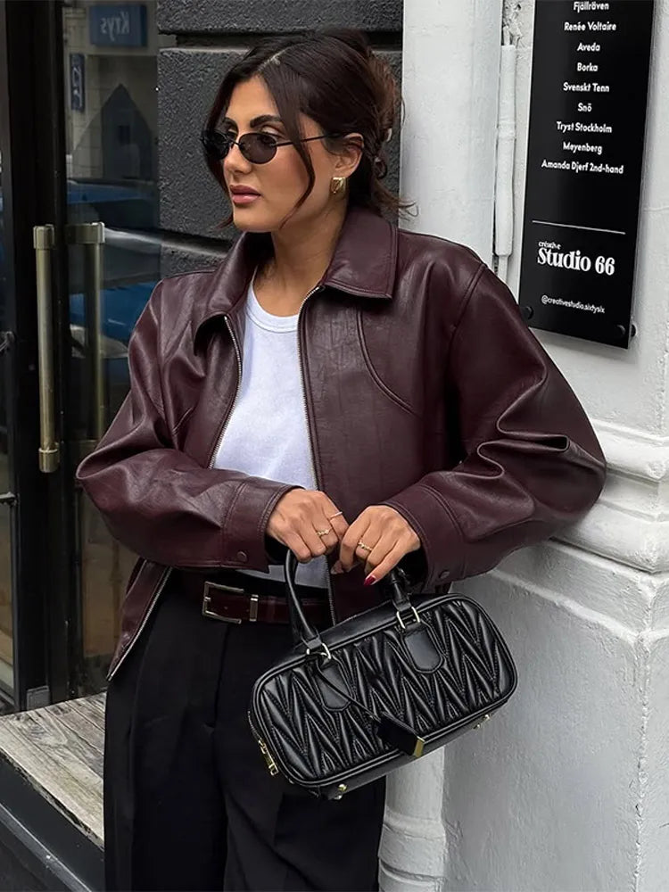 Burgundy Lapel Leather Jackets Women's Retro Zipper Full Sleeve Loose Cropped Coats Female 2025 High Street Outerwears Autumn