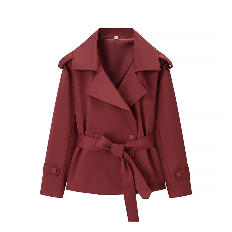 Khaki Belt Lace Up Short Trench Coat Women Elegant Full Sleeve V Neck Loose Fashion Jacket Autumn Daily High Street Outerwear