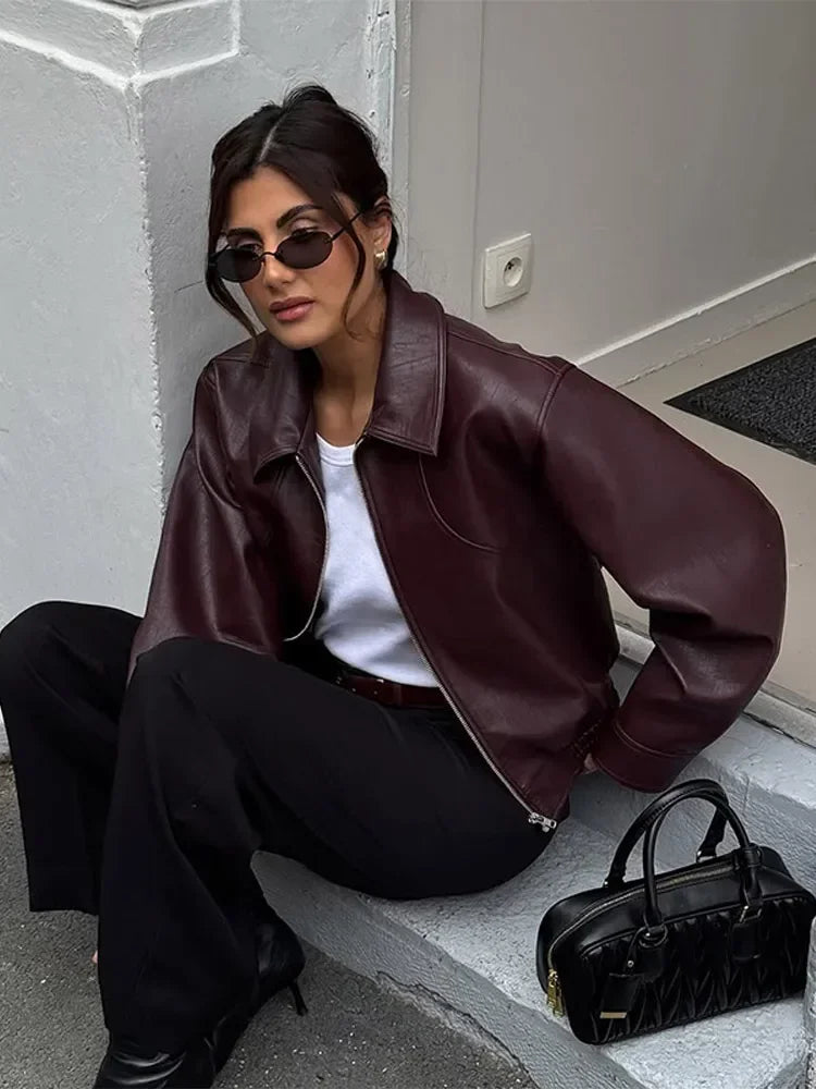 Burgundy Lapel Leather Jackets Women's Retro Zipper Full Sleeve Loose Cropped Coats Female 2025 High Street Outerwears Autumn