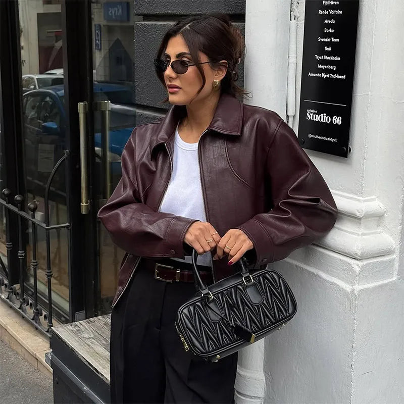Burgundy Lapel Leather Jackets Women's Retro Zipper Full Sleeve Loose Cropped Coats Female 2025 High Street Outerwears Autumn