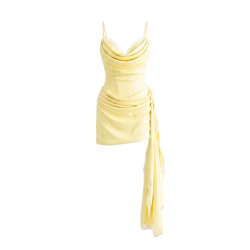Women Lace Trim Patchwork Strapless Ribbon Bodycon Dress Sexy Ruched Pleated Backless Lace Up Short Dresses Evening Party Gowns