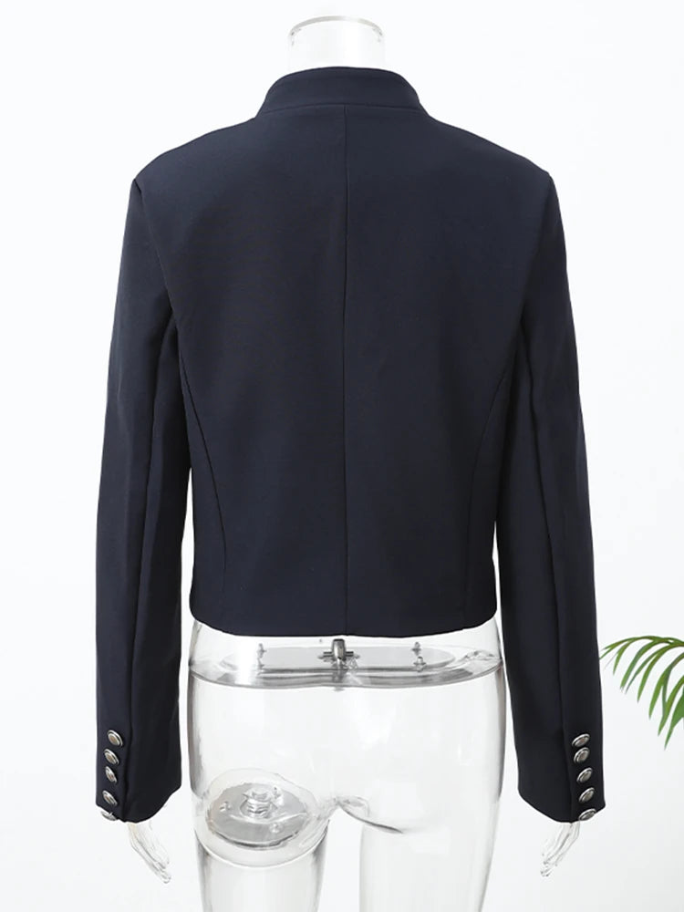 Women Knit Patchwork Napoleon Military Jacket Shoulder Pad Single Breasted Short Blazer Long Sleeve Loose 2026 Fall New Coat