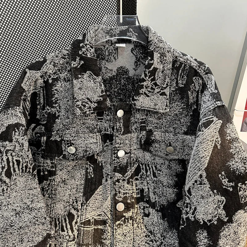 Jacquard Denim Jacket For Men Loose Fit Casual Punk Style Clothing Trendy Autumn/winter European Style Embroidered Denim Jacket