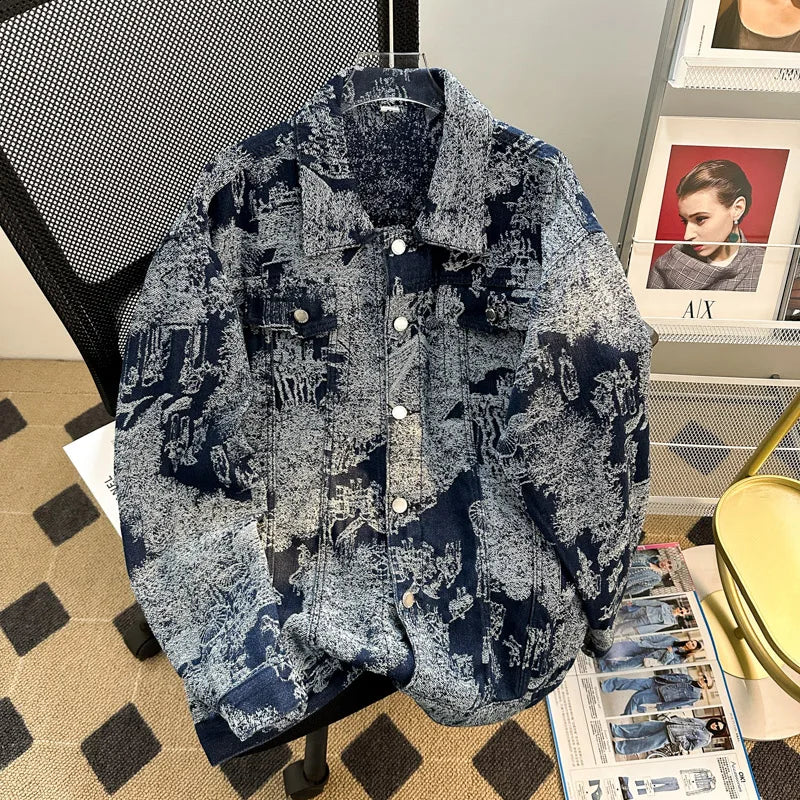 Jacquard Denim Jacket For Men Loose Fit Casual Punk Style Clothing Trendy Autumn/winter European Style Embroidered Denim Jacket