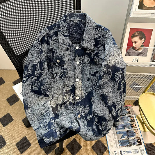 Jacquard Denim Jacket For Men Loose Fit Casual Punk Style Clothing Trendy Autumn/winter European Style Embroidered Denim Jacket
