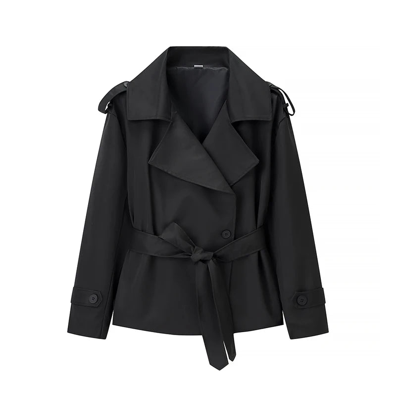 Khaki Belt Lace Up Short Trench Coat Women Elegant Full Sleeve V Neck Loose Fashion Jacket Autumn Daily High Street Outerwear