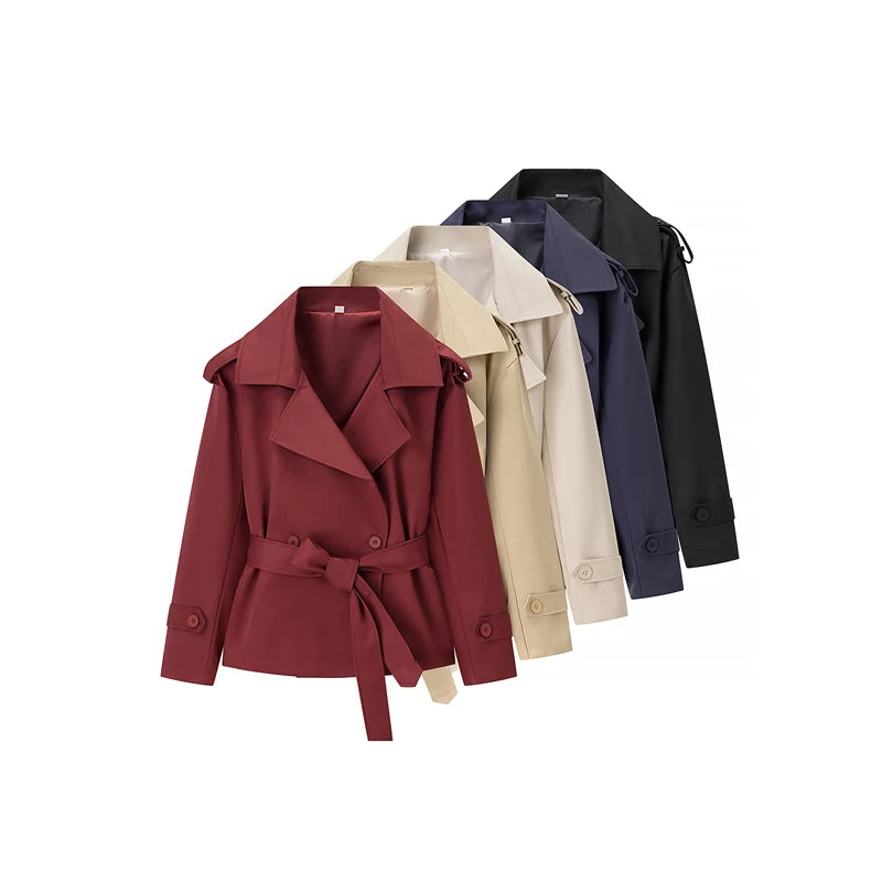 Khaki Belt Lace Up Short Trench Coat Women Elegant Full Sleeve V Neck Loose Fashion Jacket Autumn Daily High Street Outerwear