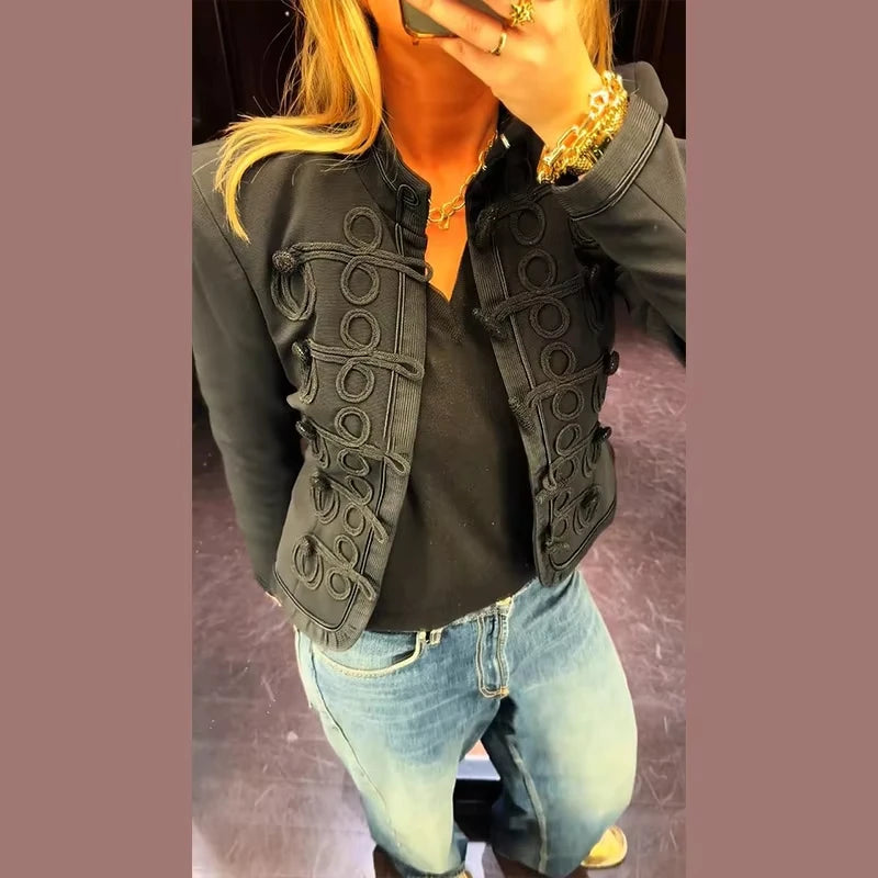 Women Knit Patchwork Napoleon Military Jacket Shoulder Pad Single Breasted Short Blazer Long Sleeve Loose 2026 Fall New Coat