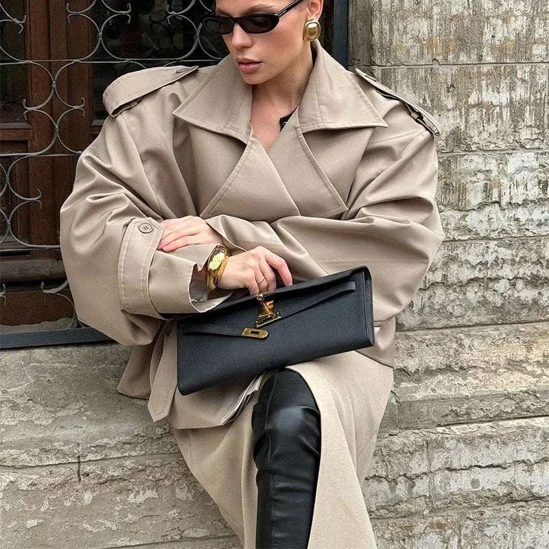 Khaki Belt Lace Up Short Trench Coat Women Elegant Full Sleeve V Neck Loose Fashion Jacket Autumn Daily High Street Outerwear