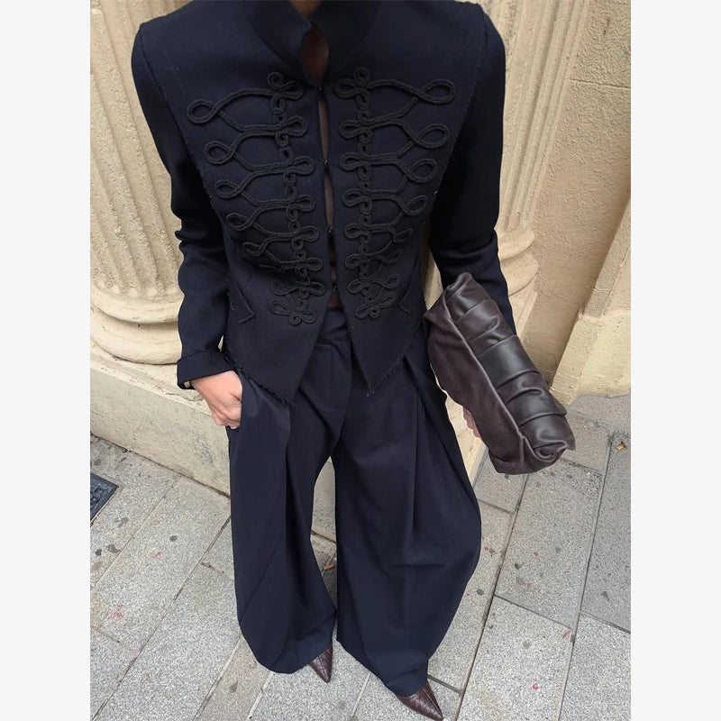 Women Knit Patchwork Napoleon Military Jacket Shoulder Pad Single Breasted Short Blazer Long Sleeve Loose 2026 Fall New Coat