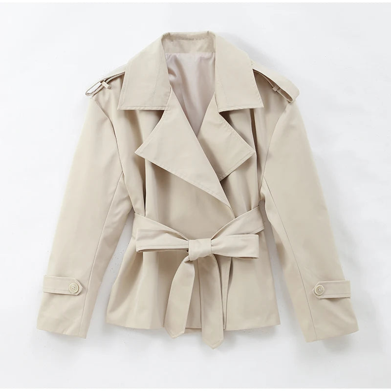 Khaki Belt Lace Up Short Trench Coat Women Elegant Full Sleeve V Neck Loose Fashion Jacket Autumn Daily High Street Outerwear