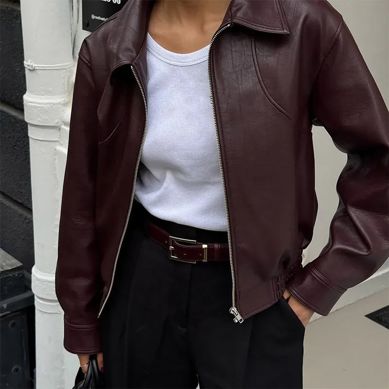 Burgundy Lapel Leather Jackets Women's Retro Zipper Full Sleeve Loose Cropped Coats Female 2025 High Street Outerwears Autumn