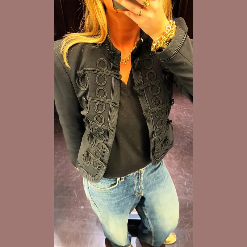 Women Knit Patchwork Napoleon Military Jacket Shoulder Pad Single Breasted Short Blazer Long Sleeve Loose 2026 Fall New Coat