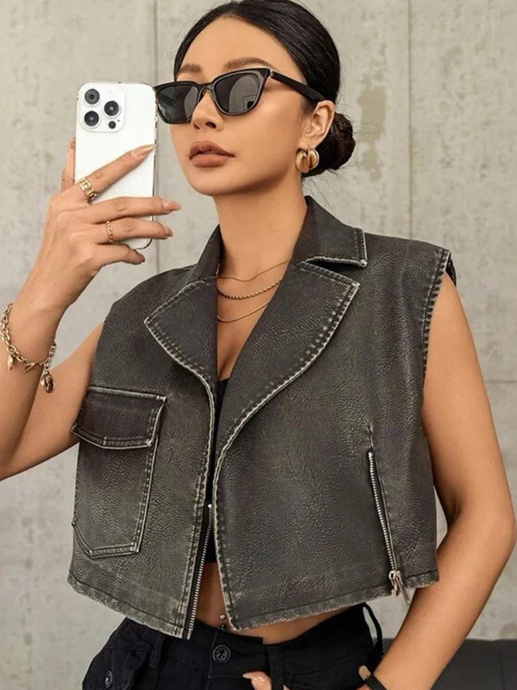 Burgundy Lapel Leather Jackets Women's Retro Zipper Full Sleeve Loose Cropped Coats Female 2025 High Street Outerwears Autumn