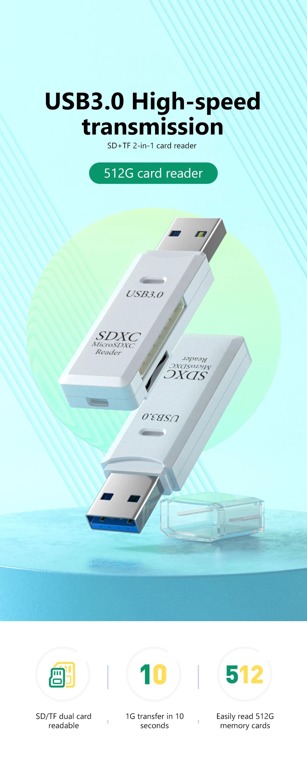 2-in-1 USB 3.0 Card Reader | TF & SD Card Adapter for PC & Laptop