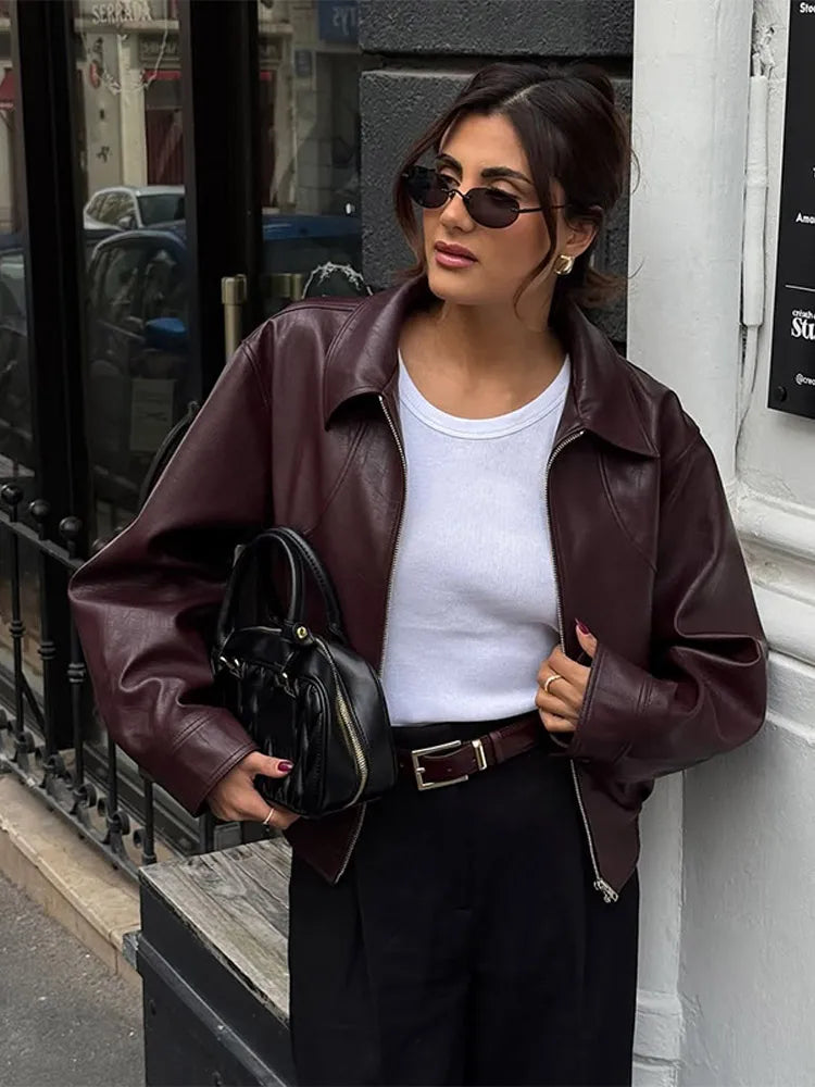 Burgundy Lapel Leather Jackets Women's Retro Zipper Full Sleeve Loose Cropped Coats Female 2025 High Street Outerwears Autumn