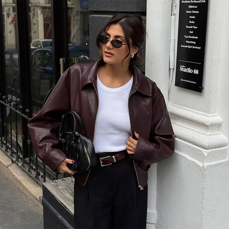 Burgundy Lapel Leather Jackets Women's Retro Zipper Full Sleeve Loose Cropped Coats Female 2025 High Street Outerwears Autumn