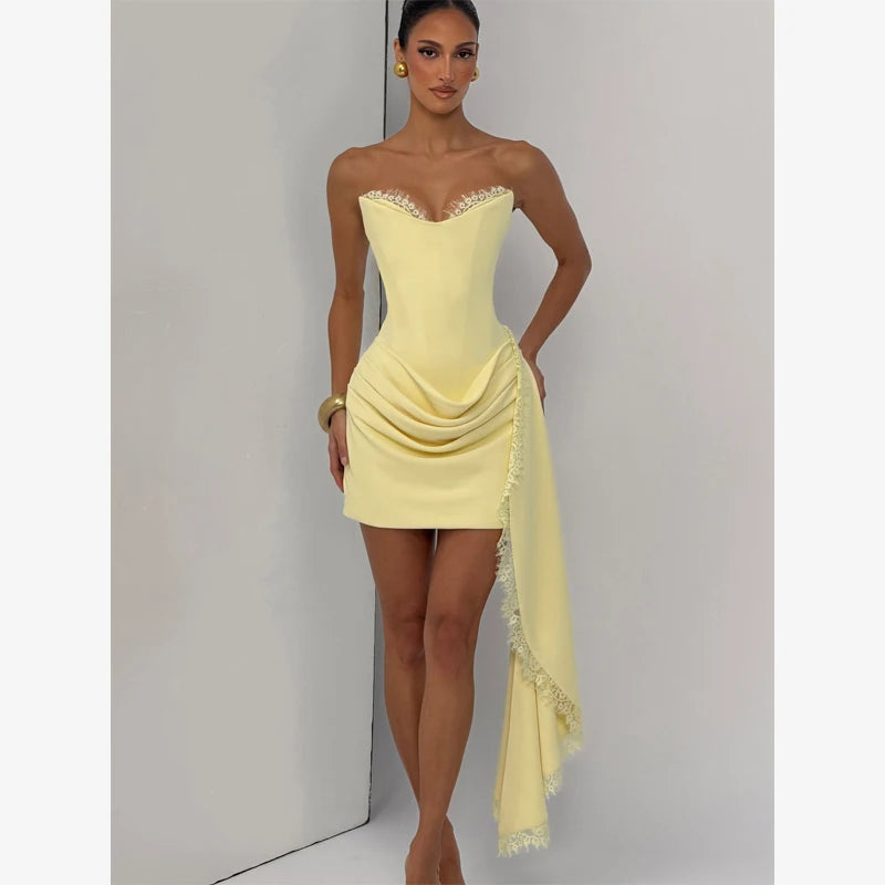 Women Lace Trim Patchwork Strapless Ribbon Bodycon Dress Sexy Ruched Pleated Backless Lace Up Short Dresses Evening Party Gowns