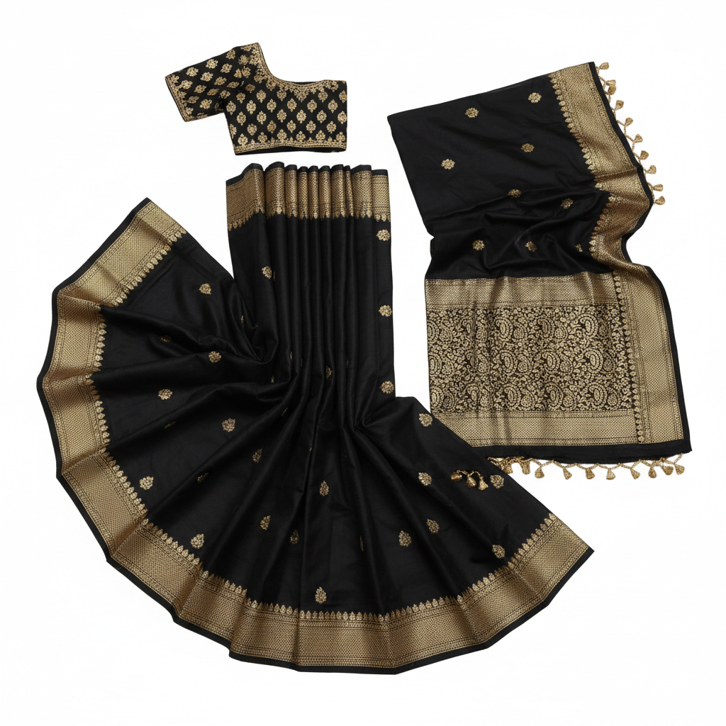 Black Saree Flat Lay