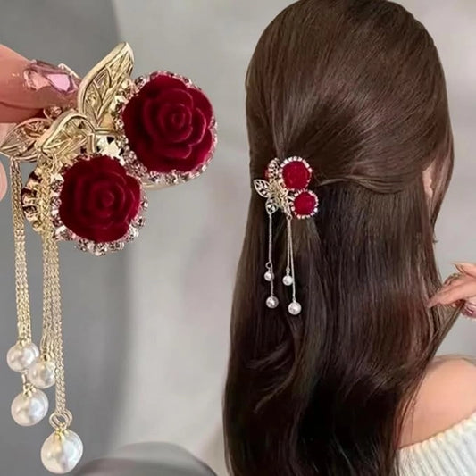 Floral Hair Clutcher with Red Rose & Pearl Danglers
