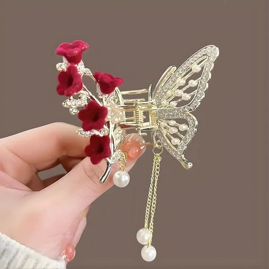 Luxury Butterfly Hair Claw Clip with Rhinestones & Pearl Tassels