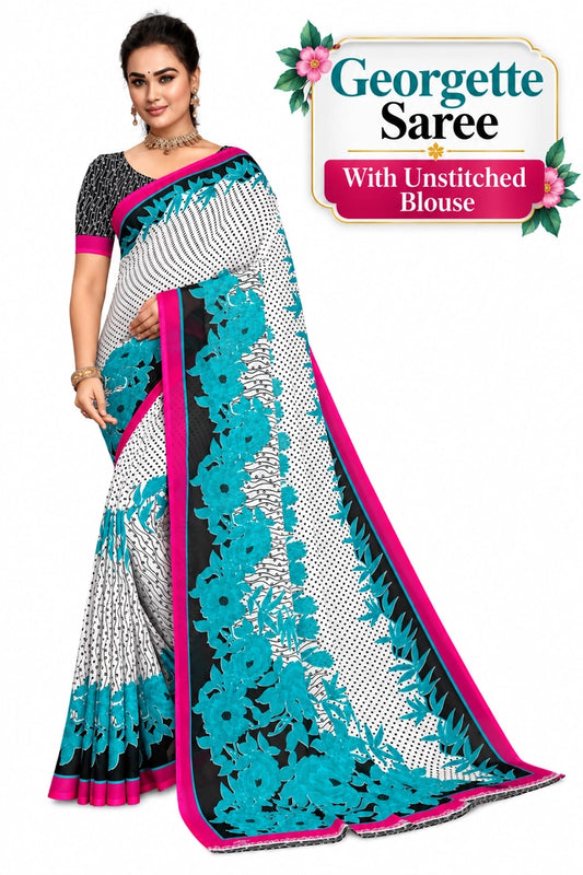 White & Blue Fancy Georgette Printed Saree | Elegant Party Wear