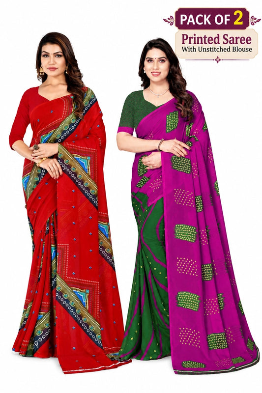 Bandhani Printed Georgette Saree – Pack of 2 (Multicolor)