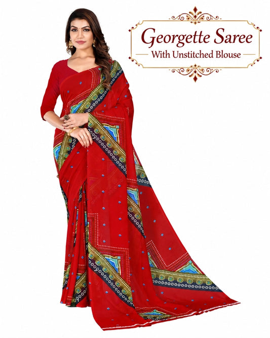 Pure Georgette Bandhani Saree | Traditional Red Tie-Dye