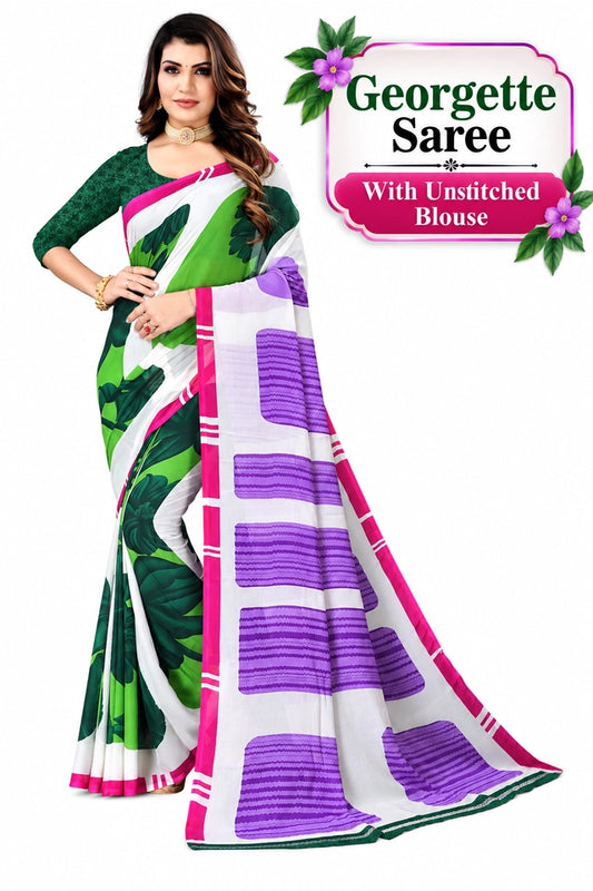 Classic Purple Georgette Printed Saree with Blouse Piece | Free Size