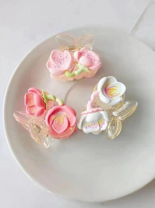 Pink Flower Hair Claw Clips (Set of 3)