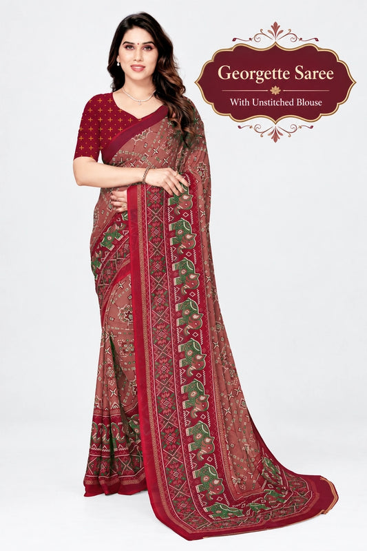 Patola Printed Georgette Saree | Bold Red Daily Wear Saree