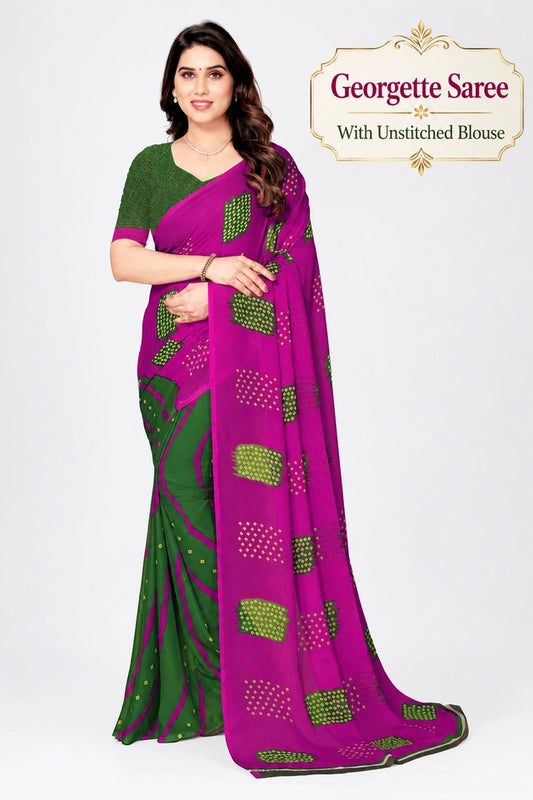 Green Printed Georgette Saree | Fresh & Festive Daily Wear