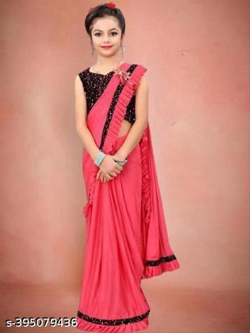 लड़कियों के लिए लाइक्रा सॉलिड साड़ी (गुलाबी, 3-4 साल)