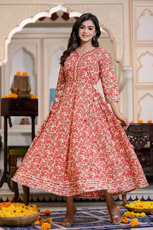 Cotton Printed Anarkali Kurti | Red | Flared Ethnic Festive Wear